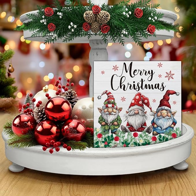Christmas Signs, Merry Christmas Wooden Sign Decor, Christmas Gnomes Wooden Block Sign, Indoor Christmas Decor for Table Shelf 5 x 5 Inch