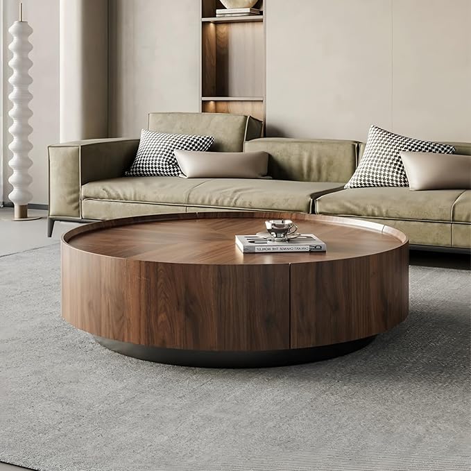 Luxury Solid Wood Coffee Table with Hidden Drawer, Fully Assembled Square Center Table for Living Room, Raised Edge Design, No Installation Needed, Premium Walnut Finish (39.37" Round Coffee Table)