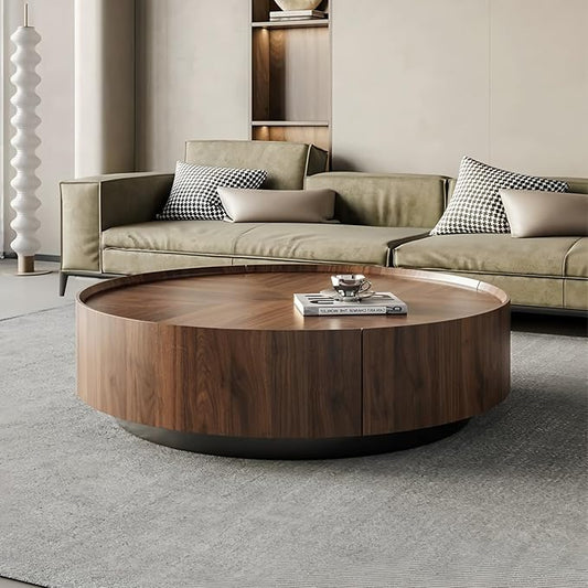 Luxury Solid Wood Coffee Table with Hidden Drawer, Fully Assembled Square Center Table for Living Room, Raised Edge Design, No Installation Needed, Premium Walnut Finish (39.37" Round Coffee Table)