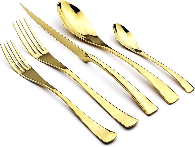 5-Piece 18/10 Stainless Steel Serrated Steak Knife Flatware Set, Mirror Polishing Gold, Service for 1