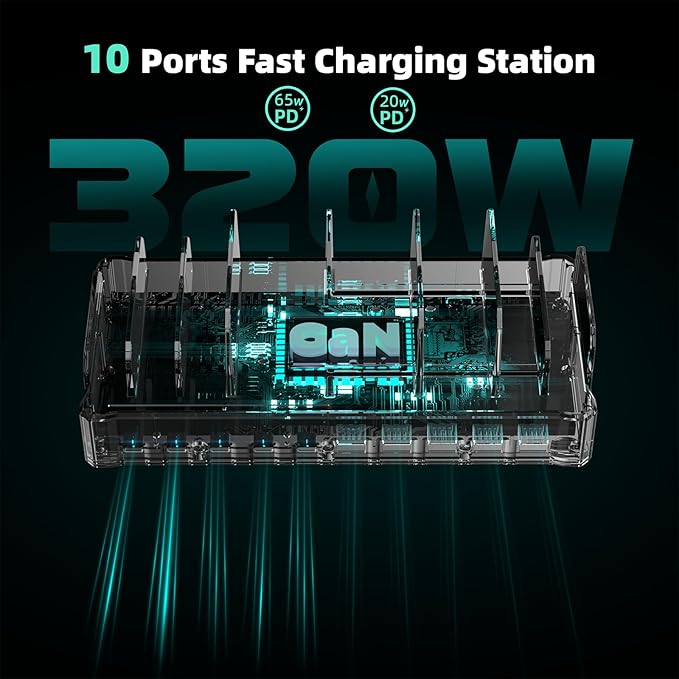 320W Charging Station for Multiple Devices, Zobirez 10-Port USB C Fast Charger Stations for MacBook, iPhone, Android Cell Phone, iPad, Tablet, Family Multi-Device Organizer Charging Dock, White