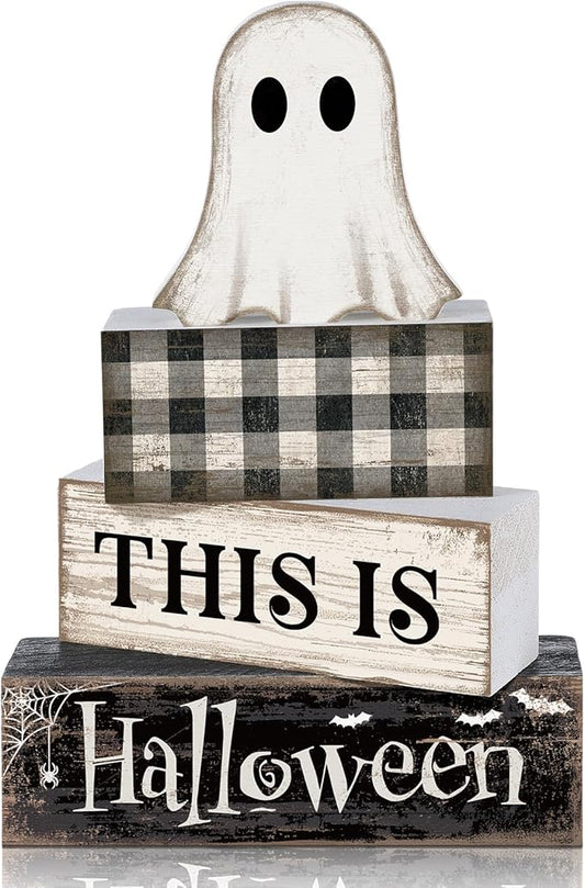4 Pcs Ghost Halloween Decor Black and White Halloween Tiered Tray Decor Ghost Table Centerpiece Decorations Rustic Wooden Block Sign Gift for Home Shelf Kitchen Coffee Bar