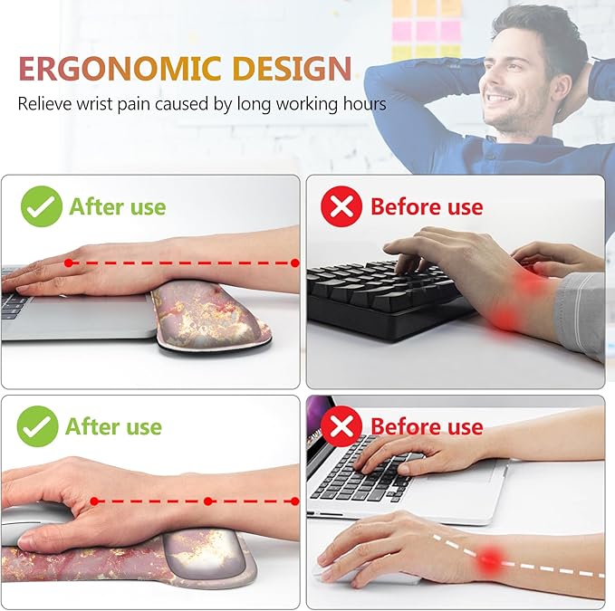AIMSA Mouse Pad Wrist Support Set Keyboard Wrist Rest, Ergonomic Memory Foam Non-Slip Base Easy Typing Pain Relieve for Computer Laptop Home Office, Pink Gilt Marble