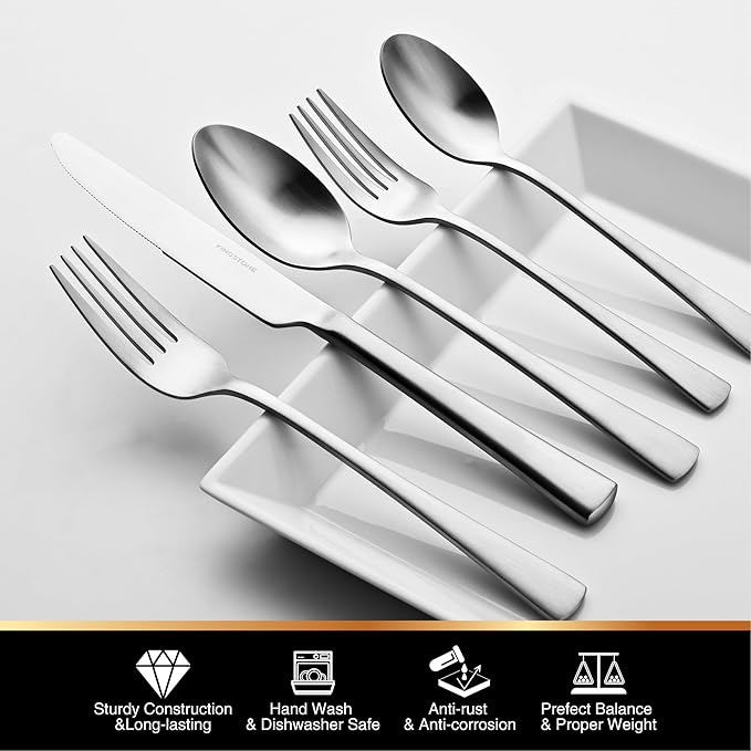 KINGSTONE 30-Piece Silverware Set, 18/10 Stainless Steel Flatware Set for 6, Matte Satin Finish Forged Cutlery Set Dishwasher Safe