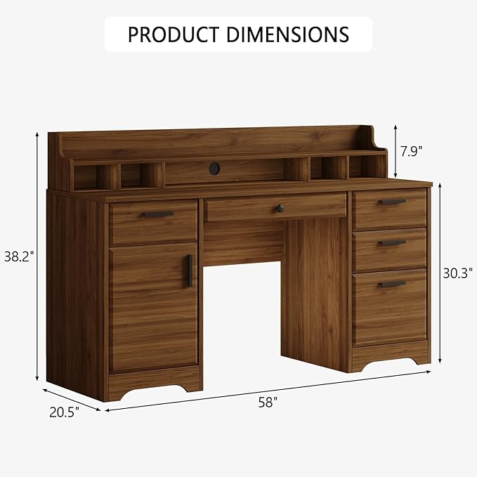 Executive Desk with File Drawers,Computer Desk with Storage,58 Inch Home Office Desk with Storage Cabinet for Bedroom, Rustic Brown
