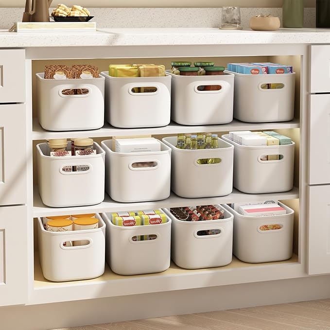 8 Pack White Storage Bins with Lids for Shelves, White Storage Containers with Lids for Organizing, Storage Box with Handle, Stackable White Plastic Bin for Classroom, Craft, Snacks