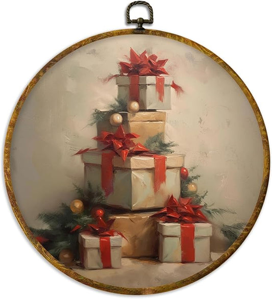 XPH Vintage Christmas Round Wall Art Framed, Winter Christmas Circle Wall Decor, Retro Cottagecore Holiday Gift Boxes Hanging Canvas Prints for Home Bedroom Living Room Decoration, 10x10 Inch