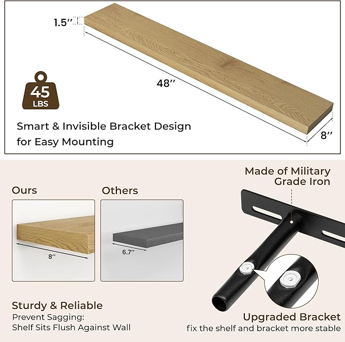 RICHFOCUS 48Inch Floating Shelves for Wall 2 Pack Shelves for Bedroom|Kitchen|Bathroom Wall Mounted Rustic Wood Floating Shelf with Invisible Brackets for Books|Storage|Decor, Oak
