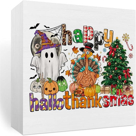 Happy Hallothanksmas Ghost Turkey And Tree Desk Decor Rustic Wooden Box Pumpkin Decor Thanksgiving Halloween Christmas Decorations Farmhouse Decor Harvest Autumn Wood Sign for Home Shelf Tiered Tray