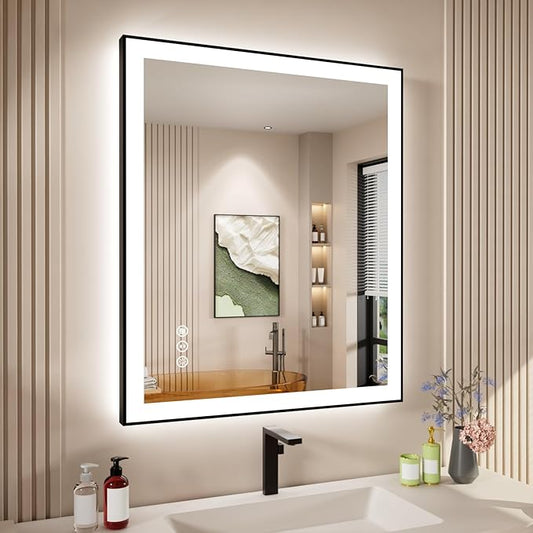 30x36 Inch LED Bathroom Mirror with Black Frame, Backlit and Front Lighted Bathroom Mirrors for Wall, Anti-Fog, Dimmable, Memory, Shatterproof, LED Vanity Mirror for Bathroom
