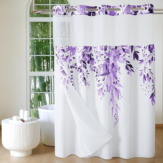 QiyI No Hook Shower Curtain with Snap in Fabric Liner, Purple Eucalyptus Shower Curtain with See Through Top Window, Waterproof Washable Cloth Ringless Shower Curtain Set for Bathroom, 72 x 75
