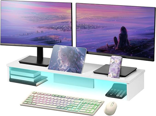 Dual Monitor Stand Riser with LED Lights and Phone Tablet Holder, 35.8in Large Monitor Stand for Desk, Computer Monitor Stand for 2 Monitors, Desktop Shelf Organizer for Laptop, Printer, TV