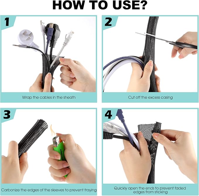 AGPTEK Cable Sleeve Cover, 20ft - 1.2 inch Desk Cord Organizer Cable Hider, Home Office Wire Management Computer TV Wire Loom Tubing, Pet Proof Cord Protector, from Cat Dog Chewing, Black