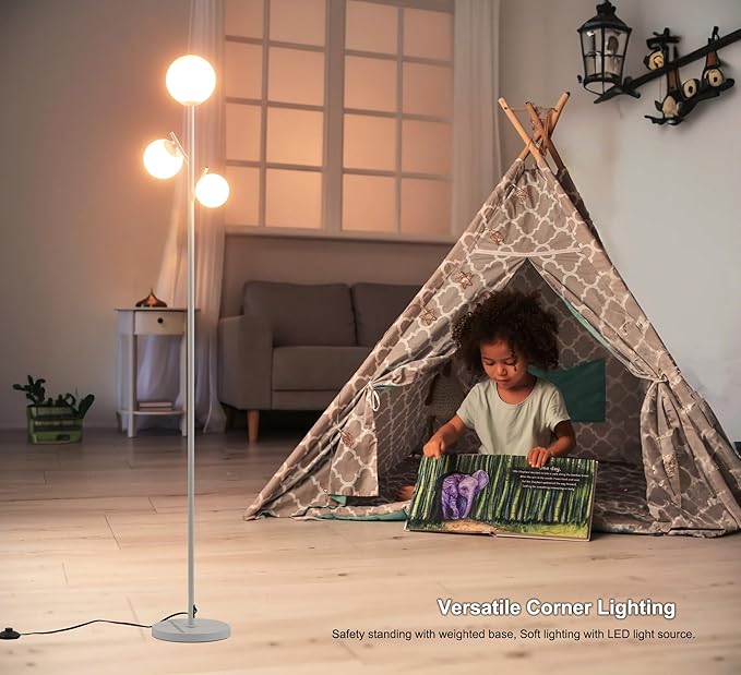 Fiqevs White Mid Century Floor Lamp, Modern 3 Globe Standing Lamp with 3 LED Bulbs & Arcing Frosted Glass Shades, Boho Rustic Tall Tree Lamp for Living Room, Bedroom & Office