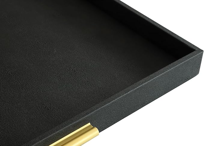 HofferRuffer Extra Large Square Serving Tray, Elegant Faux Leather Ottoman Tray with Gold Hardware Handles, Serve Tea, Coffee or Breakfast in Bed, 24 x 24 inches (Black Shagreen)
