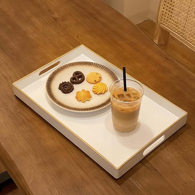 Zosenley Decorative Tray, Rectangular Plastic Tray with Handles, Modern Vanity Tray and Serving Tray for Bathroom, Kitchen, Ottoman and Coffee Table, 15.6” x 10.2” (White)