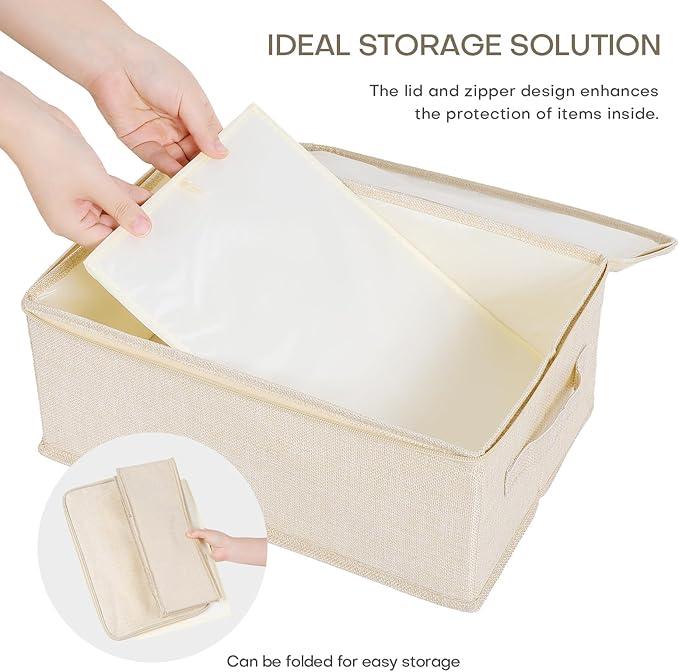 ANMINY 3PCS Storage Bins with Zipper Lids 13 Qt Lidded Fabric Storage Boxes Baskets Cubes with Handles Collapsible Washable Cotton Linen Closet Shelf Clothes Organizer Containers - Beige, Small