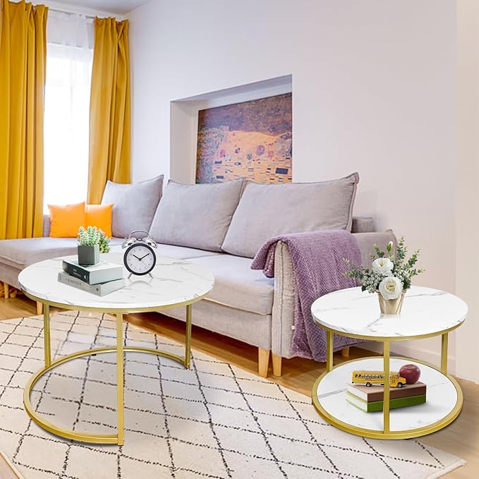 AT-VALY Coffee Table Set of 2 Nesting Tables,Round Side Table for Living Room, Small Accent Table with Storage (Gold)
