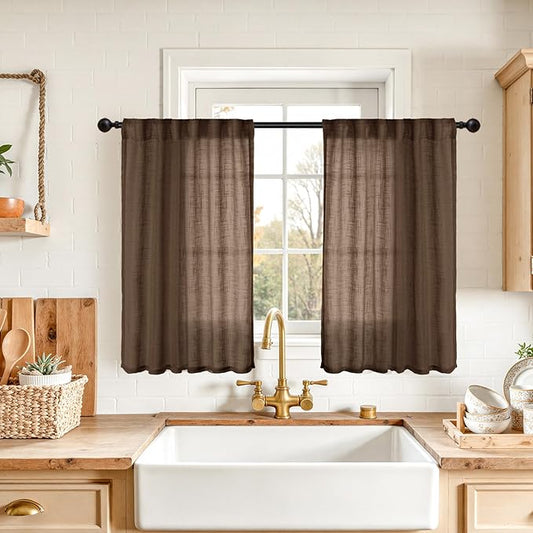 YoungsTex Short Linen Curtains 36 Inch Length for Kitchen Window Over Sink - Brown Light Filtering Drapes Semi Sheer with Rod Pocket Back Tab for Cafe Bathroom Window, 2 Panels, 34 X 36 Inch