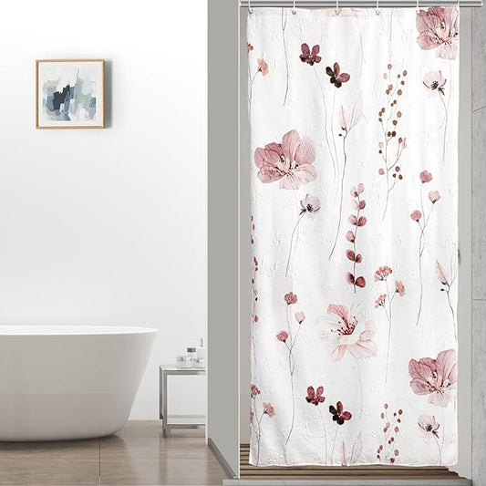 QiyI Small Stall Shower Curtain 36 x 72, Narrow Half Watercolor Floral Bath Curtain, 3D Embossed Pink Brown Flower Cloth Bathroom Curtain, Waterproof Fabric White Shower Curtain Set with Hooks