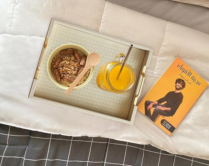 HofferRuffer Faux Leather Rectangle Serving Tray Decor Platter with Gold Metal Handles for Coffee Table, Breakfast, Tea, Food, Countertop, Kitchen, Butler Tray, 16.2 x 12.2 x 2 inches (Cream White)