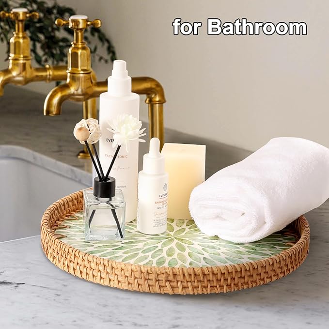 Round Rattan Tray with Mother of Pearl Inlay, Rattan Serving Tray for Coffee, Bread, Fruits, Decorative Wicker Tray for Table Decor, Home Decor, Kitchen Island Decor (Green Leaf, 11.8")