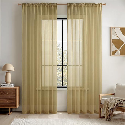 MIULEE 2 Panels Solid Color Sheer Window Curtains Elegant Window Voile Panels/Drapes/Treatment for Bedroom Living Room (54X45 Inches Dark Gold)