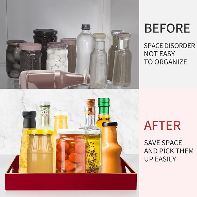 Sturdy Acrylic Serving Tray with Handles-15.7x11.8Inch, Morden Plastic Rectangular Serving Tray for Coffee Table Bathroom, Ottoman, Home Decor (Rectangular - Red)