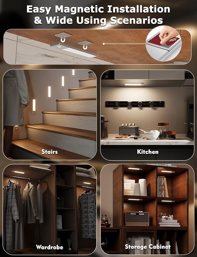 8" Ultra-Thin Under Cabinet Lighting Wireless, Aluminum Alloy Under Counter Lights for Kitchen, 3-Color-Temps Magnetic Closet Lights, Rechargeable Motion Sensor Light Indoor (6 Pack, Silver)