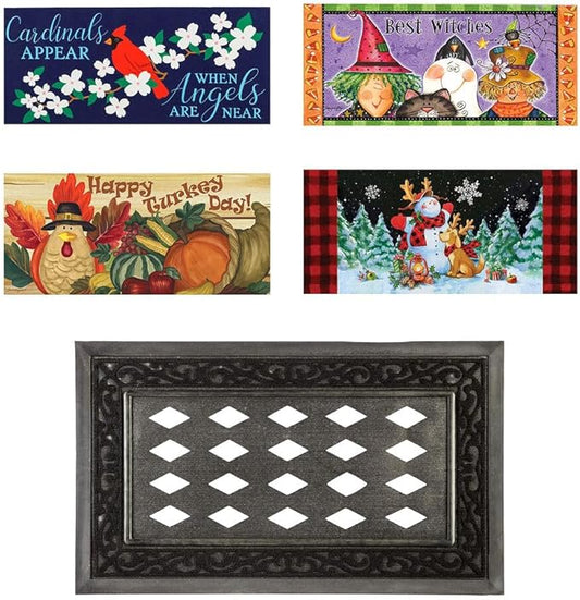 Evergreen Sassafras Fall Christmas Holiday Doormat Insert Bundle & Tray Set of 5, Interchangeable Entrance Door mats Indoor and Outdoor Welcome Mat 30 x 18 Tray Non Slip Backing Low Profile