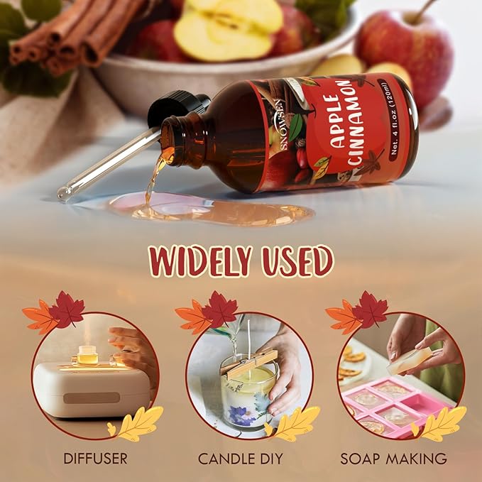 Apple Cinnamon Essential Oil 4 Fl Oz, Autumn Fragrance Oil, Undiluted Apple Cinnamon Oil for Diffuser, Humidifier,Home Care,House Cleaning, Spray,Soap Making,Candle Making, Long Lasting Scents
