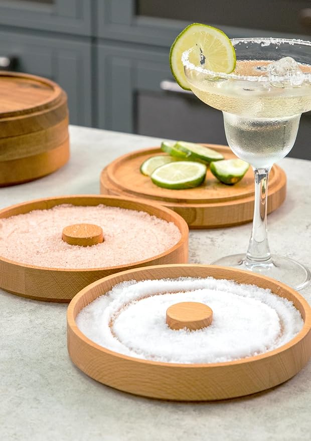 Nucookery 3-Tier Wood Bar Glass Rimmer, 5.6" Margarita Salt Rimmer Set, Sugar and Salt Rimmer Tray for Juice Cocktails, Bartender Bar Party Tool, Drinks Bar Accessories Box for Home Bar (Beech Wood)