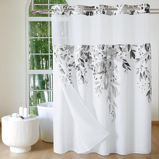 QiyI No Hook Shower Curtain with Snap in Fabric Liner, Grey Eucalyptus Shower Curtain with See Through Top Window, Waterproof Washable Cloth Ringless Shower Curtain Set for Bathroom, 72 x 87