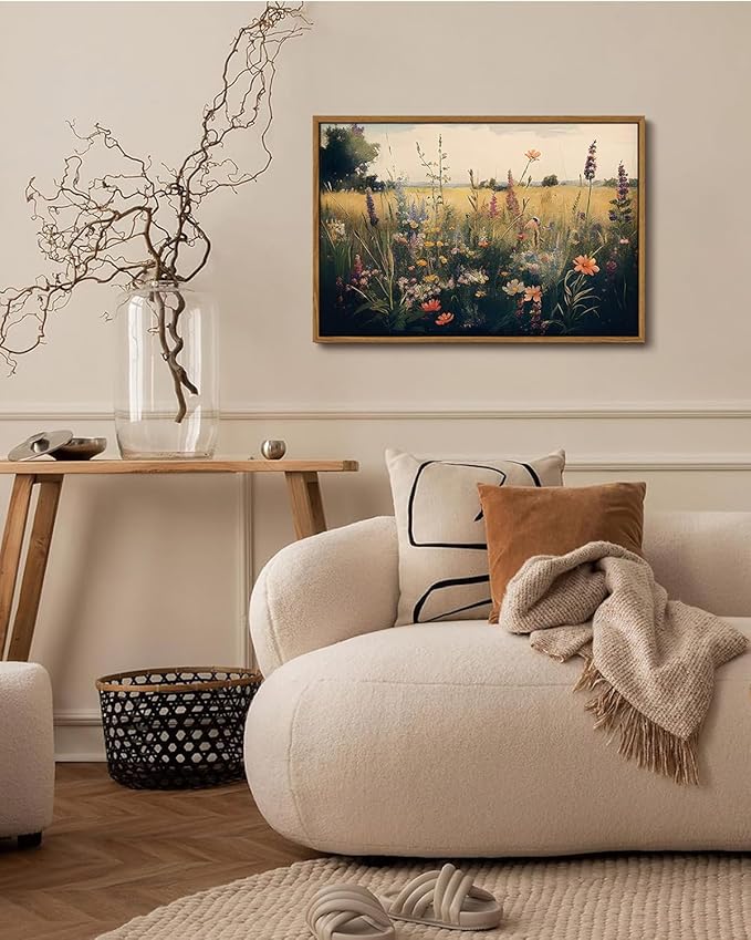 KISSFOX Vintage Wildflower Field Canvas Wall Art Spring Farmhouse Landscape Floral Framed Wall Art Rustic Cottagecore Colorful Botanical Art Prints Artwork For Living Room Bedroom Kitchen
