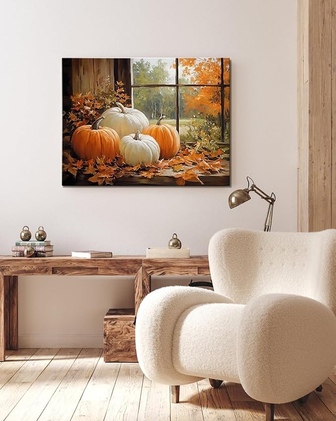 Vintage Pumpkin Window Fall Wall Art Decor, Farmhouse Barn Canvas Print with Autumn Harvest Theme, Framed Thanksgiving Decorations for Country Home, Ready to Hang