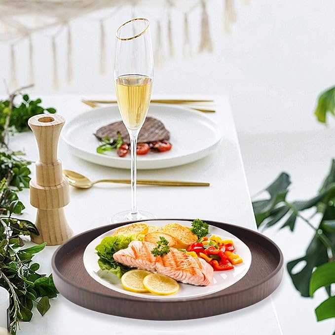 NC Solid Wood Serving Tray, Round Non-Slip Tea Coffee Snack Plate Food Meals Serving Tray with Raised Edges for Home Kitchen Restaurant (8.2inch, Brown)