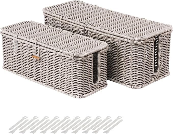 BROWNLILY Cable Management Box, Rattan Style Cord Organizer for Desk Cord Hider Outlet Covers Baby Proofing for Power Strip TV PC Router Charger Under Desk Storage with Lockable Lid and Cable Ties