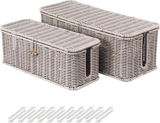 BROWNLILY Cable Management Box, Rattan Style Cord Organizer for Desk Cord Hider Outlet Covers Baby Proofing for Power Strip TV PC Router Charger Under Desk Storage with Lockable Lid and Cable Ties