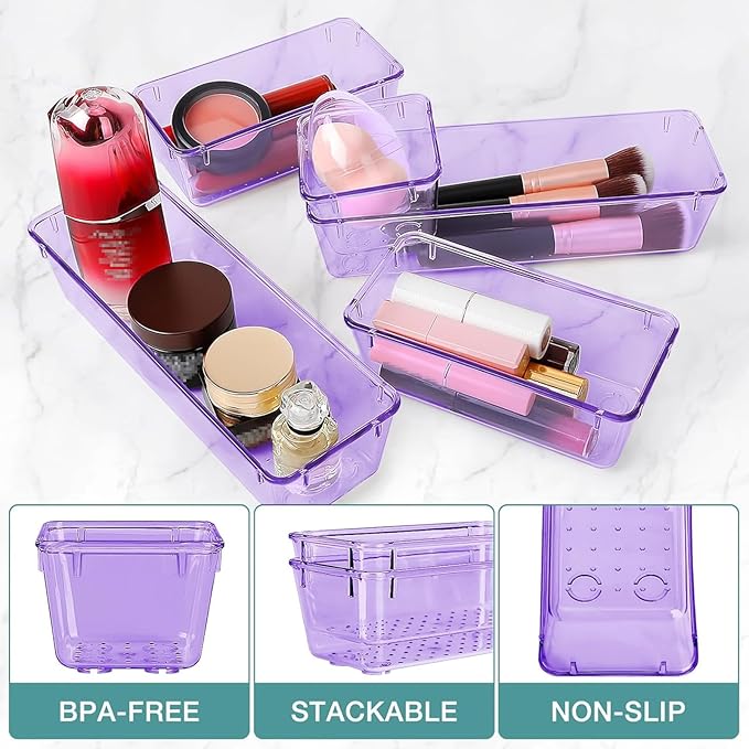 25 PCS Drawer Organizer Set, 4 Varied Size Bathroom and kitchen Drawer cabinet organizer Trays, Clear Storage Bins for Makeup, Jewelry, Utensils and Gadgets， Purple