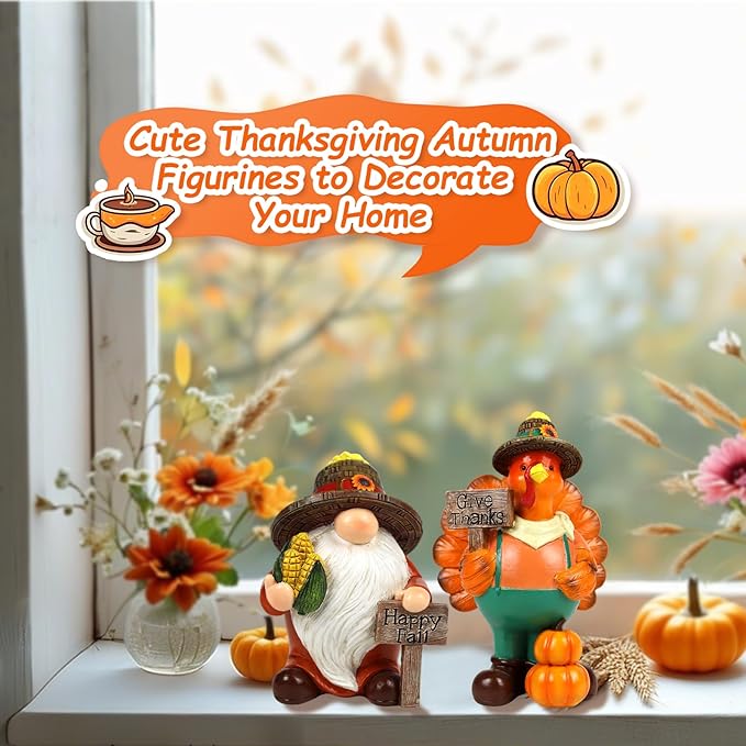 Thanksgiving Gnome Figurine 2 PCS Fall Harvest Turkey Decoration Autumn Tabletop Give Thanks Decor Indoor Holiday Collectible Statue for Women Men Kids
