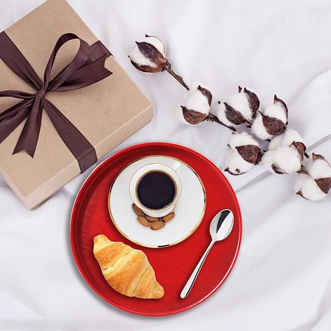 Round Solid Wood Serving Tray, Non-Slip Tea Coffee Snack Plate Food Meals Serving Tray with Raised Edges for Home Kitchen Restaurant(8.2inch,Red)