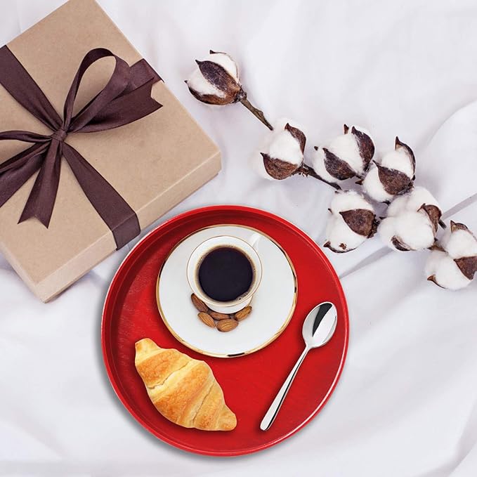 Round Solid Wood Serving Tray, Non-Slip Tea Coffee Snack Plate Food Meals Serving Tray with Raised Edges for Home Kitchen Restaurant(9.5inch,Red)