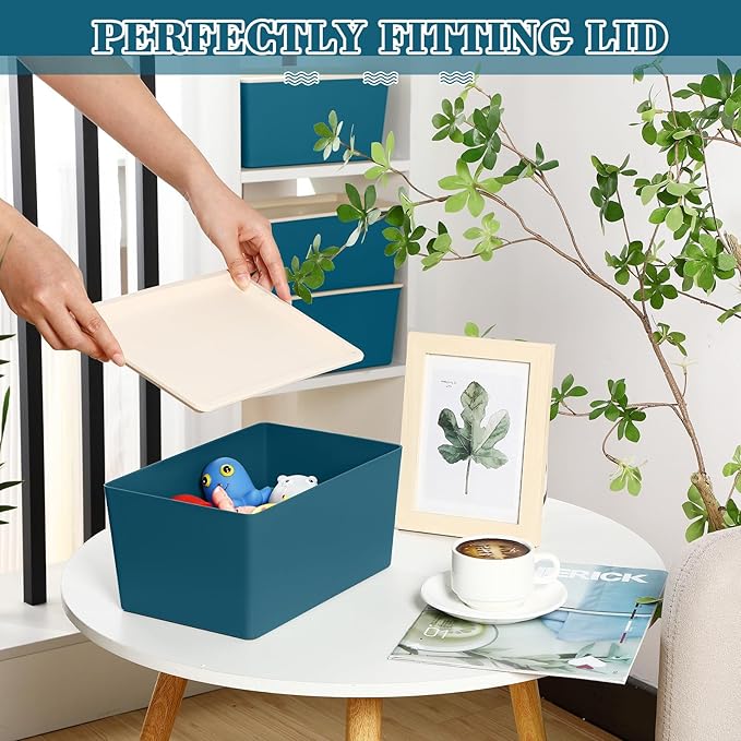 Menkxi 4 Pcs Storage Bins with Lids Plastic Containers Stackable Storage Box Baskets for Organizing Shelves(Blue,Small)