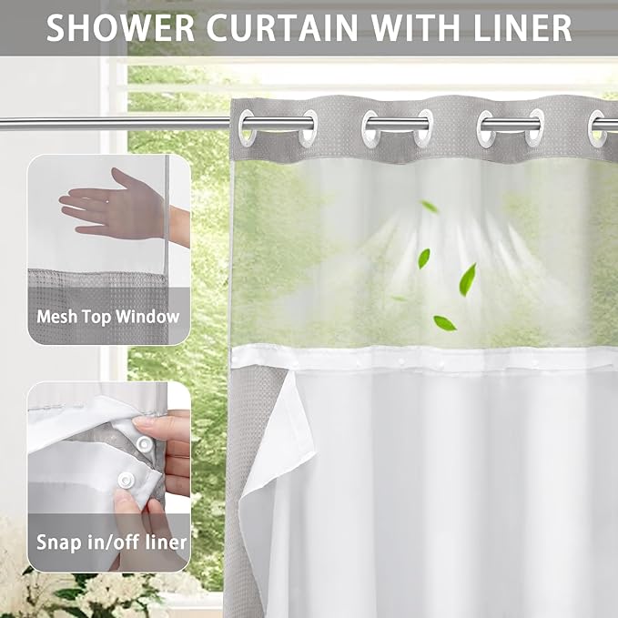 YellyHommy No Hook Shower Curtain with Snap in Liner Set Less Time Light Gray Waffle Shower Curtain for Bathroom 81" L x 72" W Light Grey