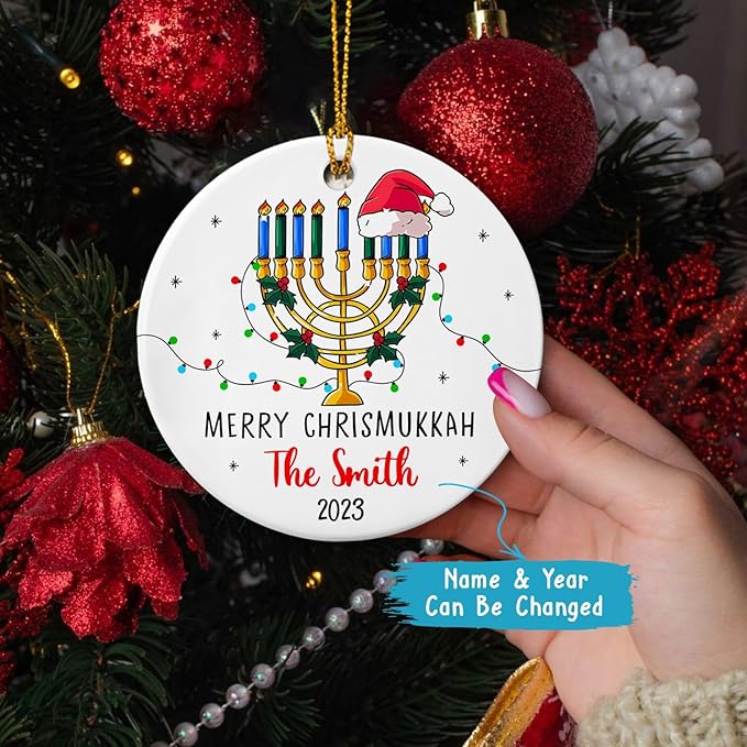 Hanukkah Holiday Christmas, Merry Chrismukkah 2025 Ornament, Personalized Chrismukkah, Hanukkah Ceramic Ornament, Custom Name & Year Christmas Tree Decor, Jewish and Christian Ornament