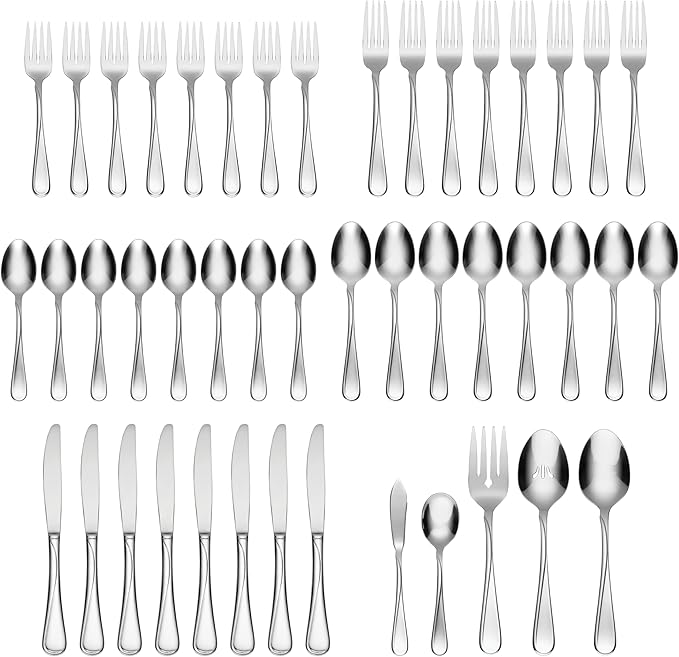 Oneida Silverware Set For 8, Flight 45-Piece Everyday Flatware Set with Serving Utensils, Service For 8, 18/0 Stainless Steel, Dishwasher Safe, Knives Spoons and Forks Set, Dining (Silver, 45 pieces)