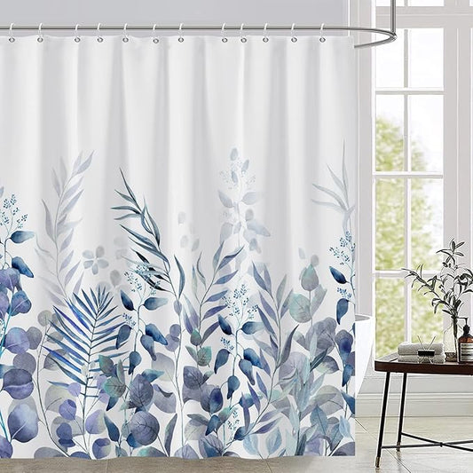 AWERT Shower Curtain Plants for Bathroom,Waterproof Quick-Drying Blue Leaves Shower Curtain Set with Hooks 72x78 Inch