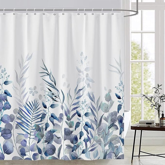 AWERT Shower Curtain Plants for Bathroom,Waterproof Quick-Drying Blue Leaves Shower Curtain Set with Hooks 72x72 Inch