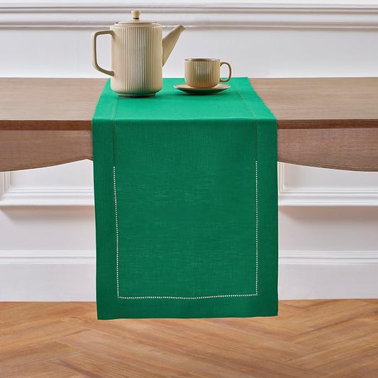 Solino Home Linen Table Runner 90 Inches Long - 100% Pure Linen Emerald Green Table Runner 14 x 90 Inch for Christmas - Classic Hemstitch