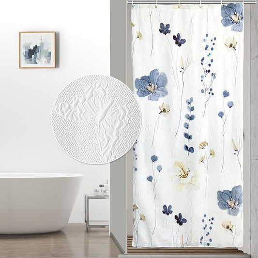 QIYI Small Stall Shower Curtain 36 x 72, Narrow Half Watercolor Floral Shower Curtain, 3D Embossed Butterflies Grey Flower Cloth Bathroom Curtain, Waterproof Fabric White Shower Curtain Set with Hooks